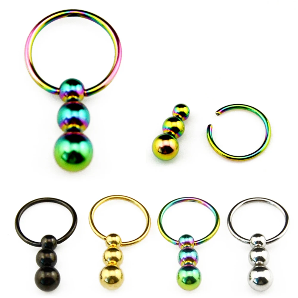 1Pc Plated Colorful Stainless Steel Triple Bead Captive Bead Ring Nose Hoop Ear Helix Tragus Cartilage Labret Lip Ring