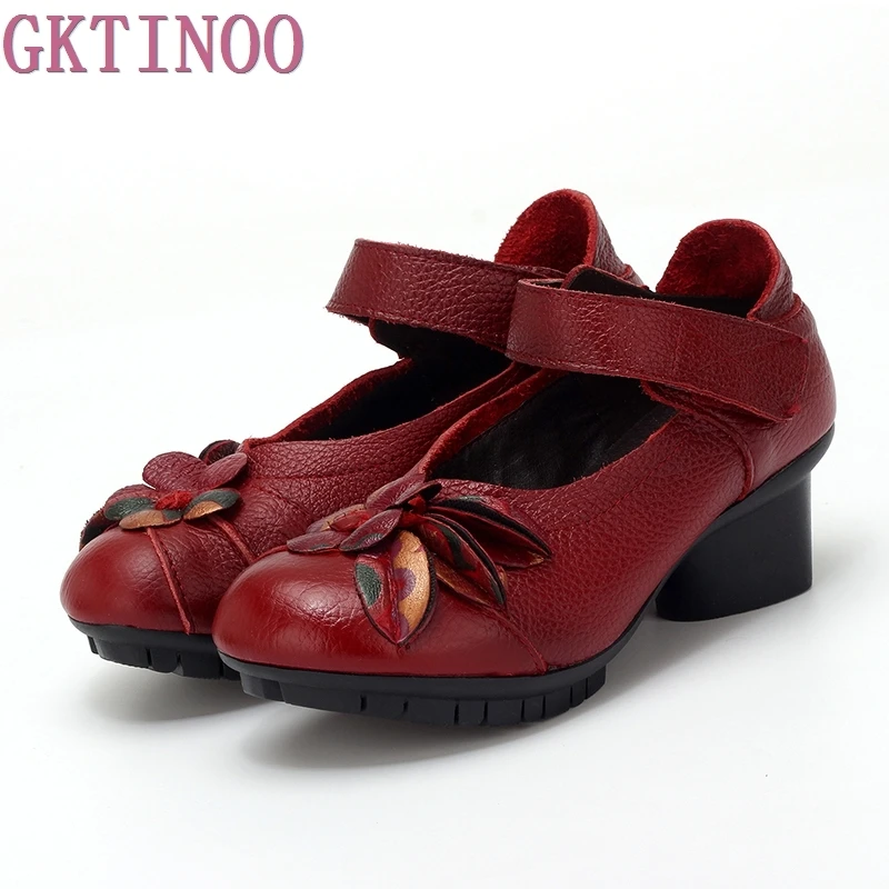 GKTINOO 2024 Spring Summer Ethnic Style Genuine Leather Handmade Shoes Women Mid Heels Pumps Round Toe High Heels