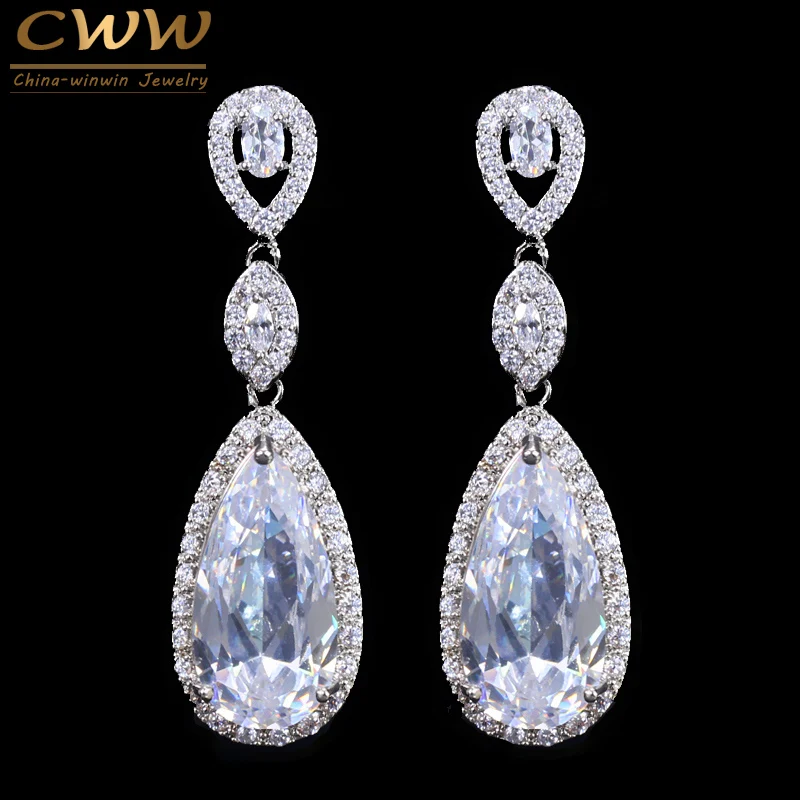 CWWZircons Classic Design Luxury Micro Pave Water Drop CZ Crystal Long Earrings For Women with Zircon Stones Settting CZ072