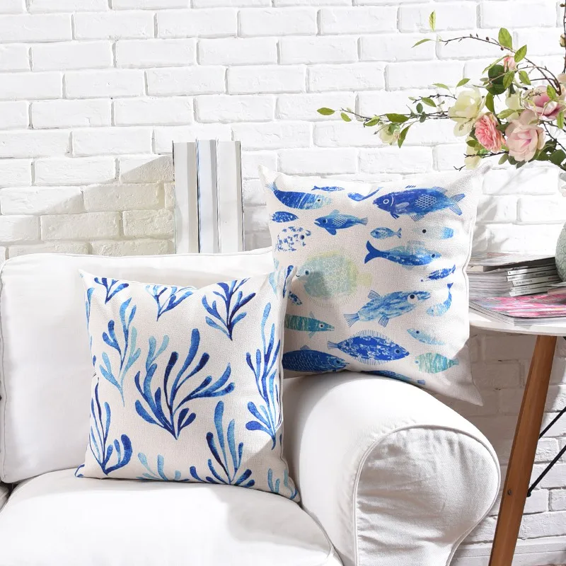 Mediterranean Watercolor Blue Christmas Pillow Cover Geometric Linen Cushon Cover Sofa Home Decorative Throw Pillows