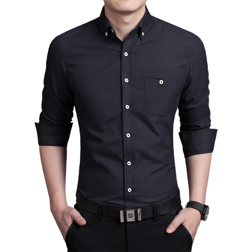 Pure Color Long Sleeve Shirts Men, Asian size S M L XL 4XL 5XL Navy Blue Black Blue Red Fashion Business Man Shirt Slim Elegant