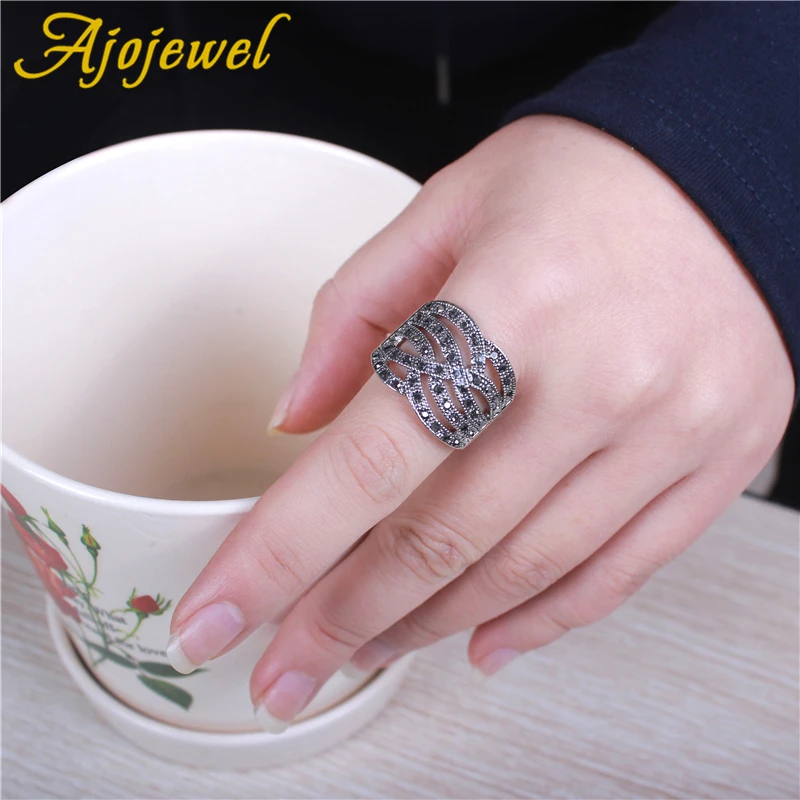 Ajojewel Vintage Wide Ring Hollow Out Black Rhinestone Cross Rings For Women Costume Jewelry For Party Gift Items