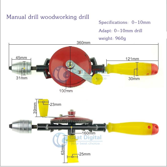 Manual hand drill, woodworking equipment supporting plastic handle teaching model DIY woodworking tools.