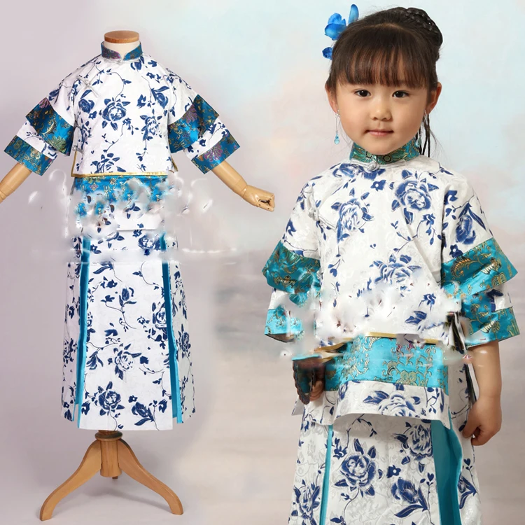 WuJiaYouNv Blue and White Porcelain Costume for Little Girl Late Chinese Republican Period Lass Costume Xiuhefu