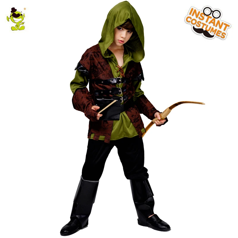 Purim  Costume for Boy's  Huntsman Hood Costumes Green Deluxe Cosplay Fancy Suit for Halloween Costumes Party for Kids