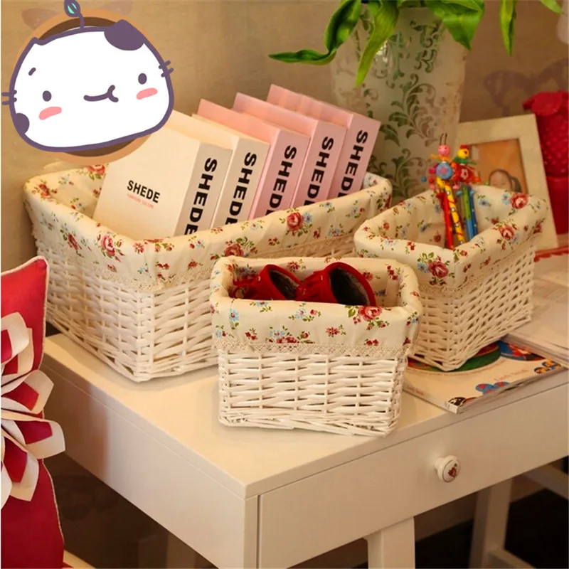 3pcs/set Decorative White Wicker Storage Baskets Cosmetic Storage Box For Books Crafts Tins Furnishing Desktop Organizer