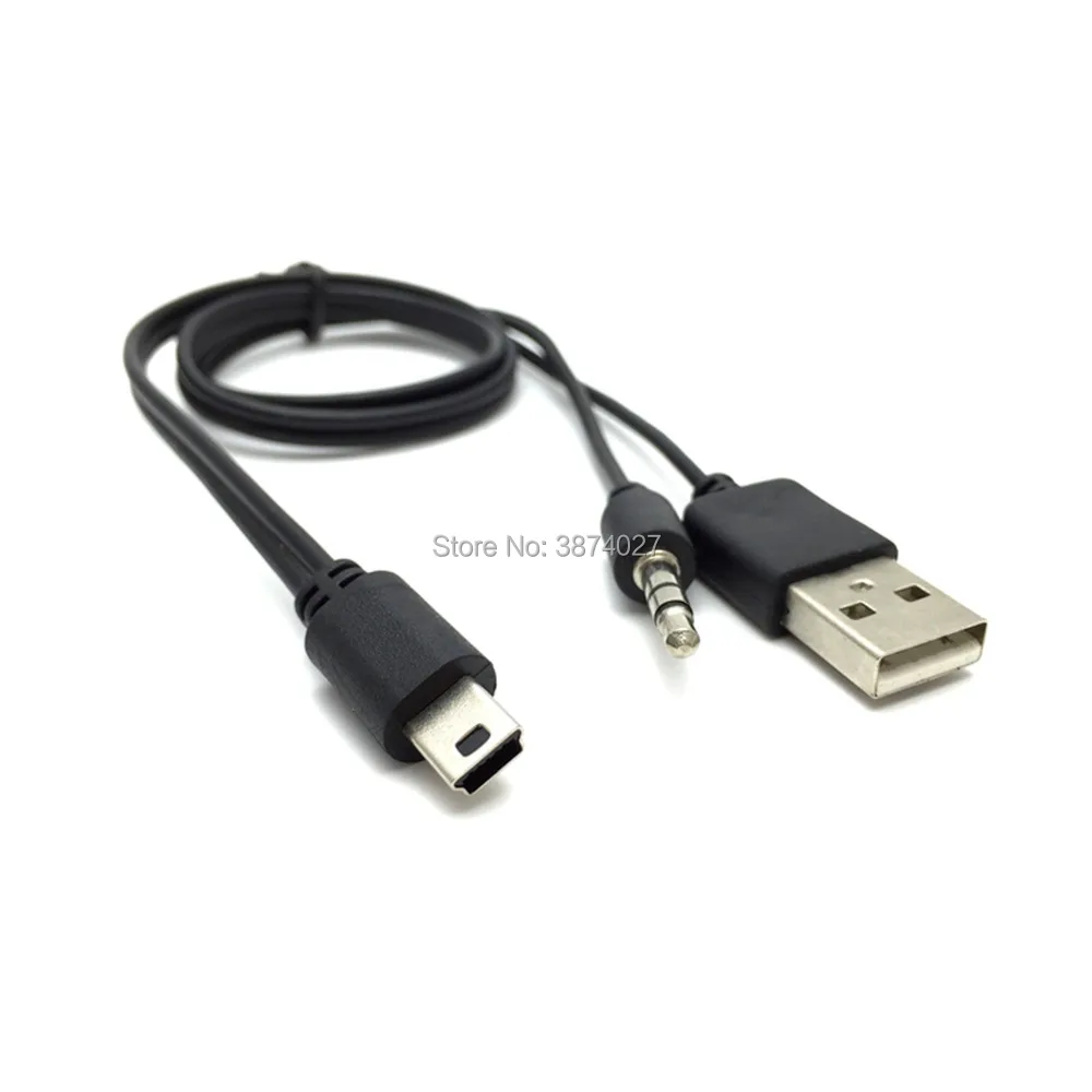 2개입 고품질 2 in 1 USB 남성 미니 USB 5핀+3.5MM AUX 케이블 블랙 AUX 및 충전기 2 in 1 스피커용 케이블