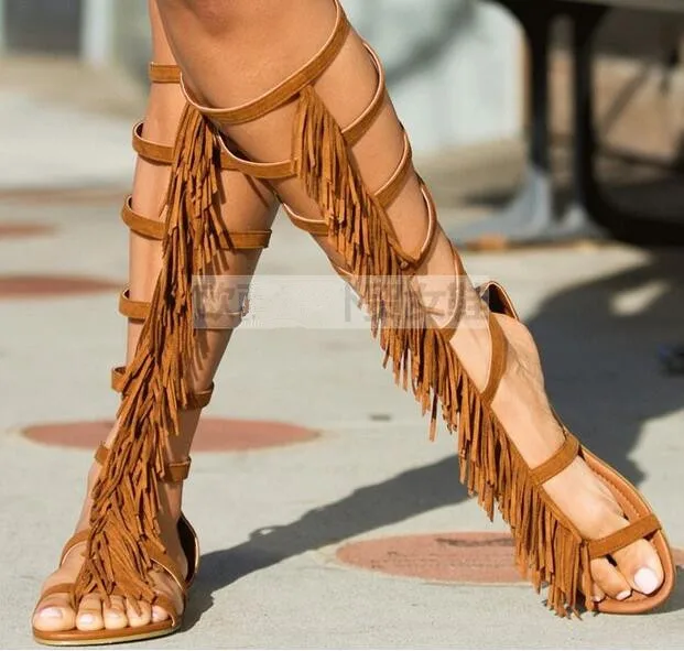 

Size 35-43 tassels narrow band cut-outs gladiator knee high boots peep toe buckles strap flat sandal fringed knee boots