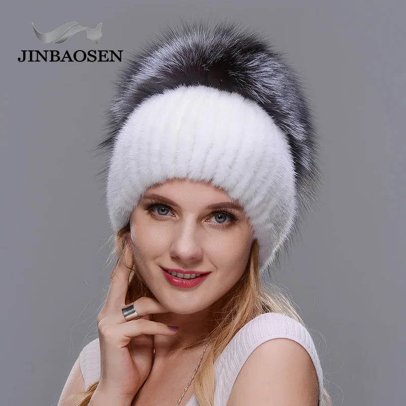 JINBAOSEN Woman Winter Travel Fashion Fur Hat Real Mink Fur Silver Fox Fur Hat Wool Knit Liner Ski Hat Handmade Free Send