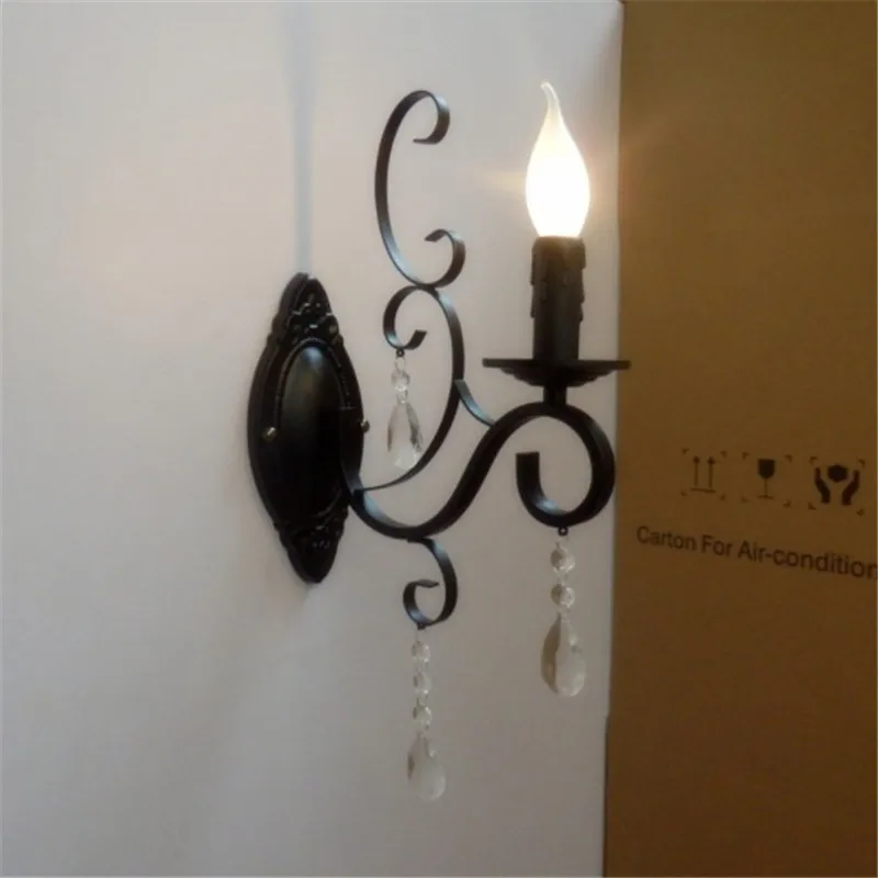 European classic vintage wall lamp black wrought iron body crystal deco candle wall light fixture for living room bedroom stairs