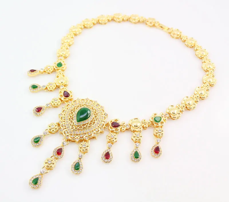 Fashion African Beads Red/Green Gem Stone Rhinestone Costume Fine Jewelry Sets  Gold color Crystal Women Wedding Party Set