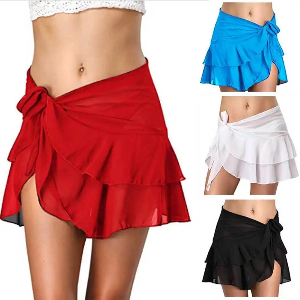 Women Chiffon Beach Cover up Summer Ruffle Bandage Beachwear Short Bathing Swim Suit See Through Mini Skirt New