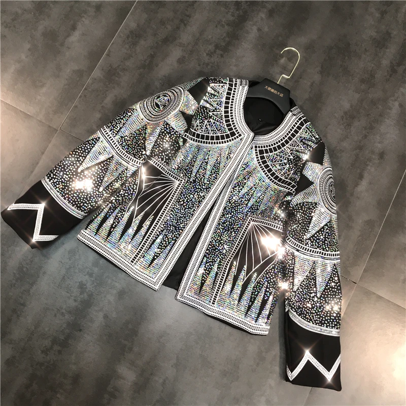 Cakucool Women Shiny Jacket 2019 Silver Sequins Geometric Bomber Jackets O neck Nationality Embroid Coat Casual Outerwear Female