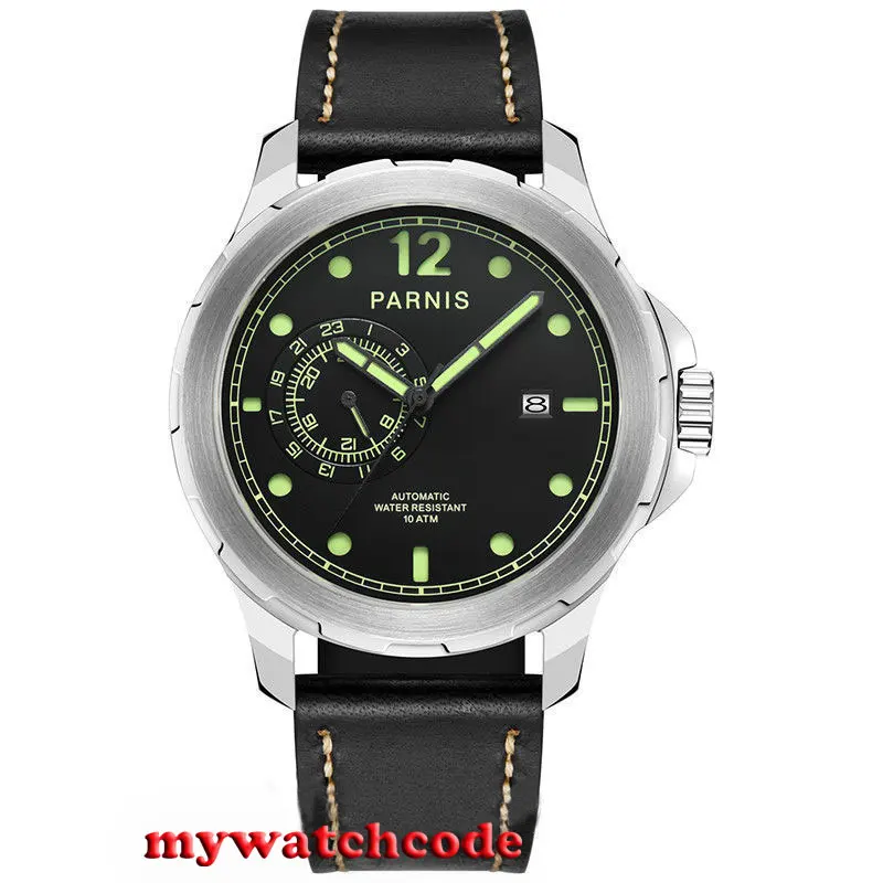 

44mm Parnis black sandwich dial date Sapphire Glass miyato Automatic mens Watch