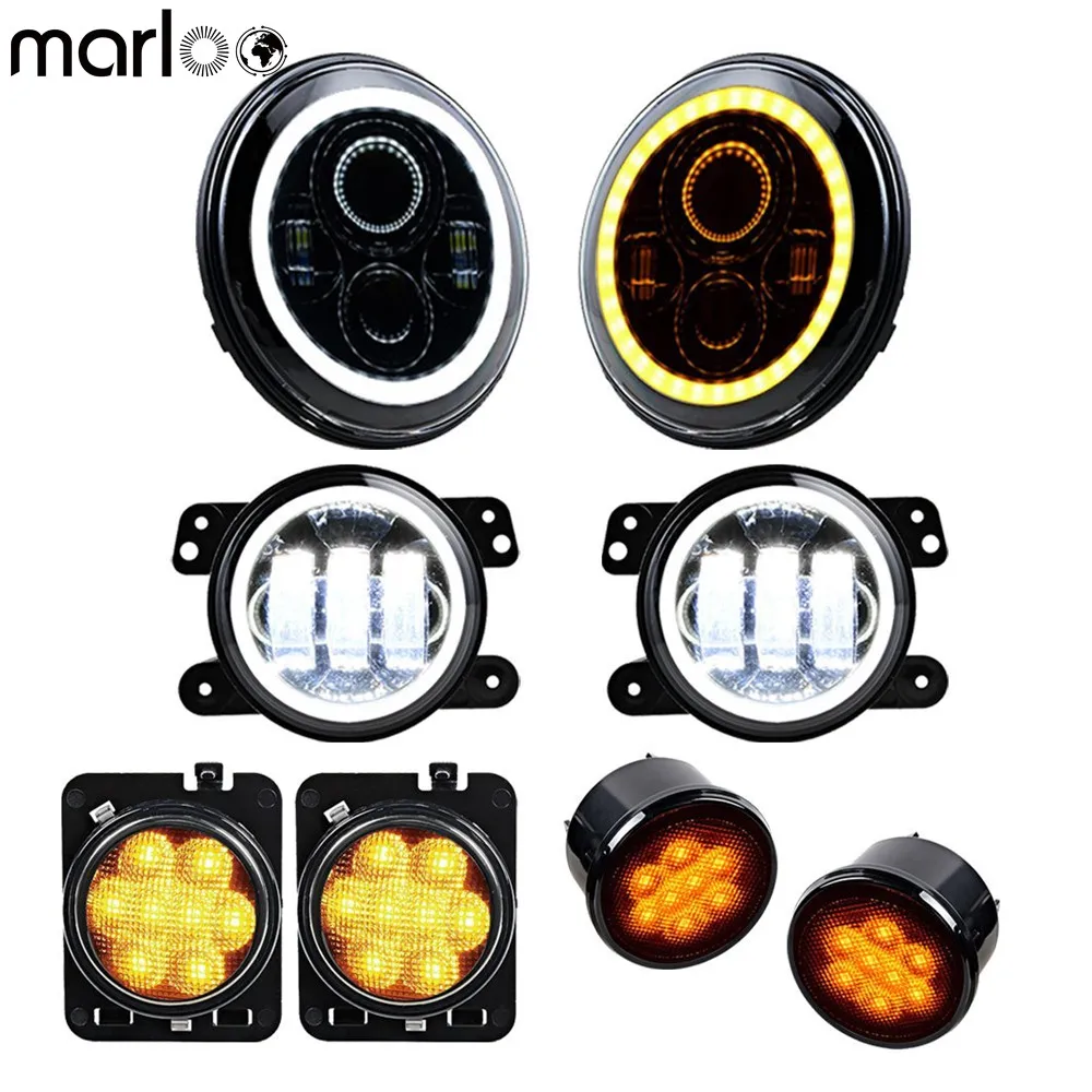 

for Jeep JK Wrangler Accessories 7" Halo Headlight Angel Eyes 4Inch Fog Lamps Led Amber Side Maker Turn Signal Lights Combo