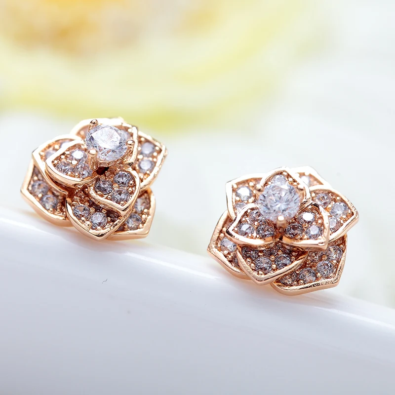 LUOTEEMI Trendy Statement Rose Flower Cubic Zircon Champagne Gold-Color Stud Earrings For Women Luxury Brincos Wholesale Items