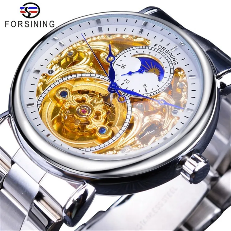 Forsining Brand Luxury Skeleton Automatic Mechanical Watch Men Full Golden Steel & Leather Man Business Sun Moon Display Clock