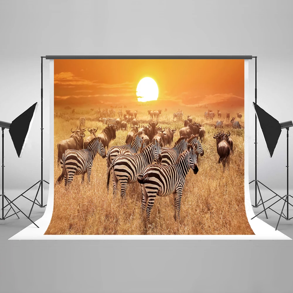 

VinylBDS Sunset Grassland Photography Background Zebra Naturism Children Photos Children Party Seamless Photo Backdrops