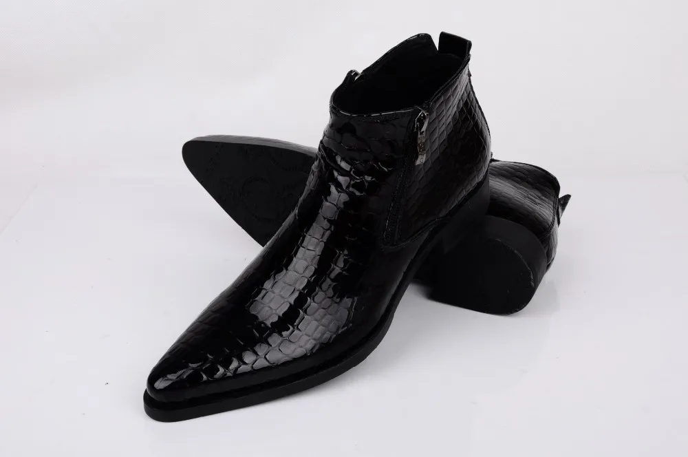 Large Size EUR46 Serpentine Blue / Black Pointed To Dress Shoes Mens Ankle Boots Genuine Leather Boots Male Wedding Shoes