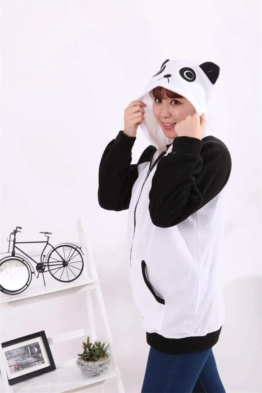 Warm winter Costumes Halloween Warm Cartoon Women\'s Panda Ear Tail Zip up Hoodie Sweatshirt Jacket Outerwear