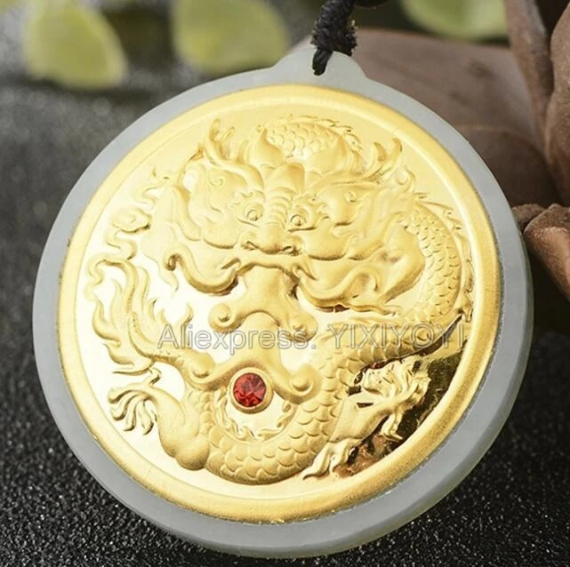 Natural White Hetian Jade + 18K Solid Gold Inlaid Carved Dragon Head Lucky Pendant + Rope Necklace Fine Jewelry + Certificate