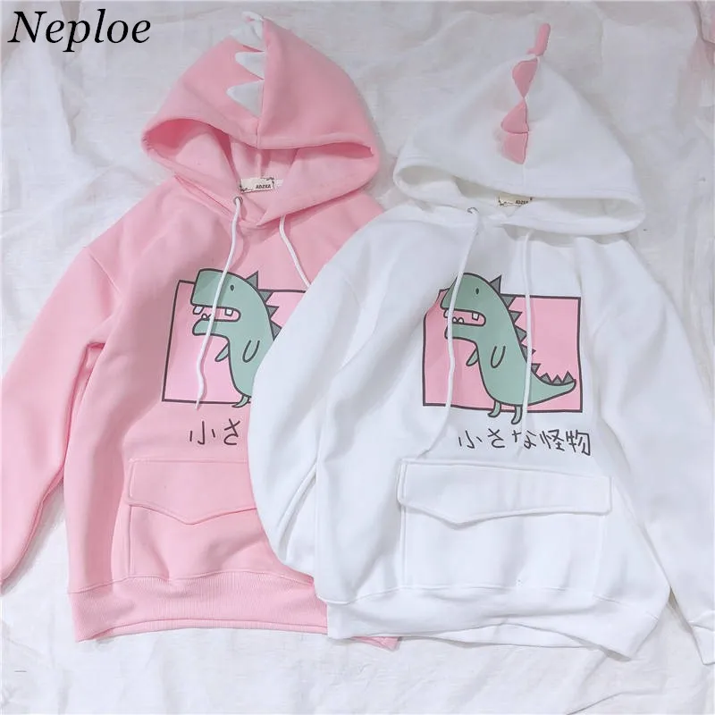 Neploe Japanese Fleece Thick Hoodies Cartoon Dinosaur Printed Sweatshirt Women's Clothes Sweet Hooded Drawstring Pullover 37416