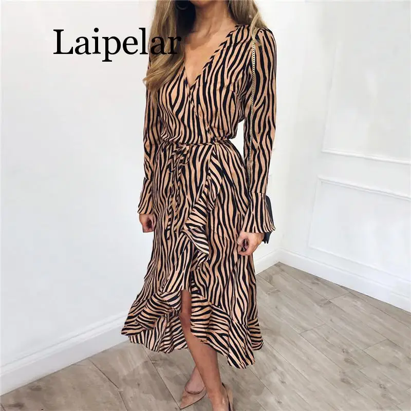 

Laipelar Summer Long Dresses 2019 Women Zebra Print Beach Chiffon Dress Casual Long Sleeve V Neck Ruffles Elegant Party Dress