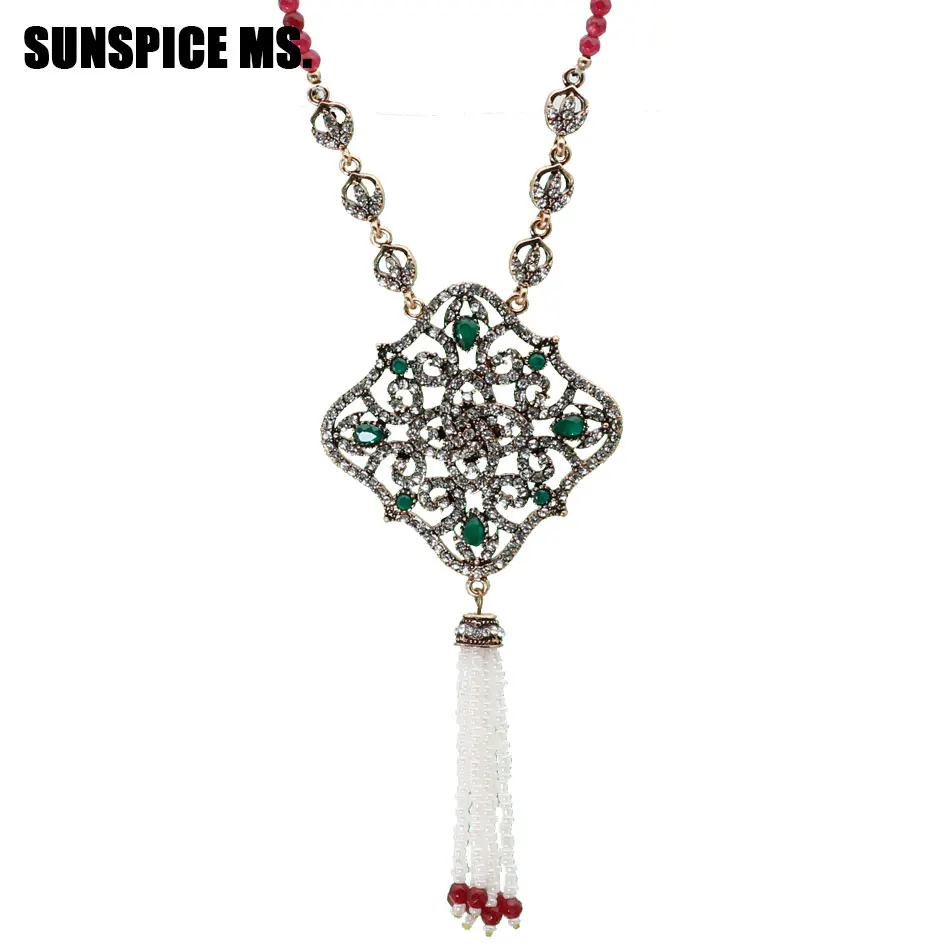 New Turkish Women Long Beads Sweater Chain Vintage Bohemia Crystal Pendant Necklace India Ethnic Wedding Bridal Jewelry 2018