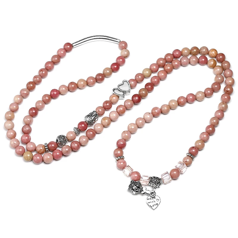 6mm Natural Rhodochrosite Beads Strand Bracelet Women Lotus OM Buddha Charm Yoga Bracelet 108 Mala Necklace Yoga Jewelry