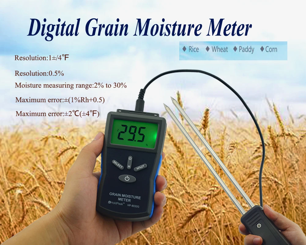 HoldPeak HP-8032G Portable Digital Display Wood Moisture Meter 2-30% Humidity Tester Grain Timber Damp Detector for Agriculture