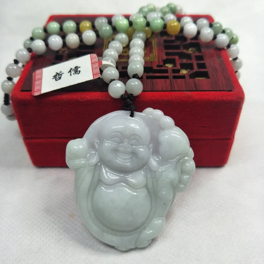 Zhe Ru Jewelry Pure Natural Jadeite Light Purple Double Color Ruyi Buddha Pendant Tricolor Jade Pearl Necklace Class A Certifica