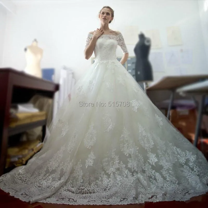 Gorgeous Lace Wedding Dresses Off The Shoulder Cathedral Train With Half Sleeves Bridal Gown Handmade Lace Wedding Dress