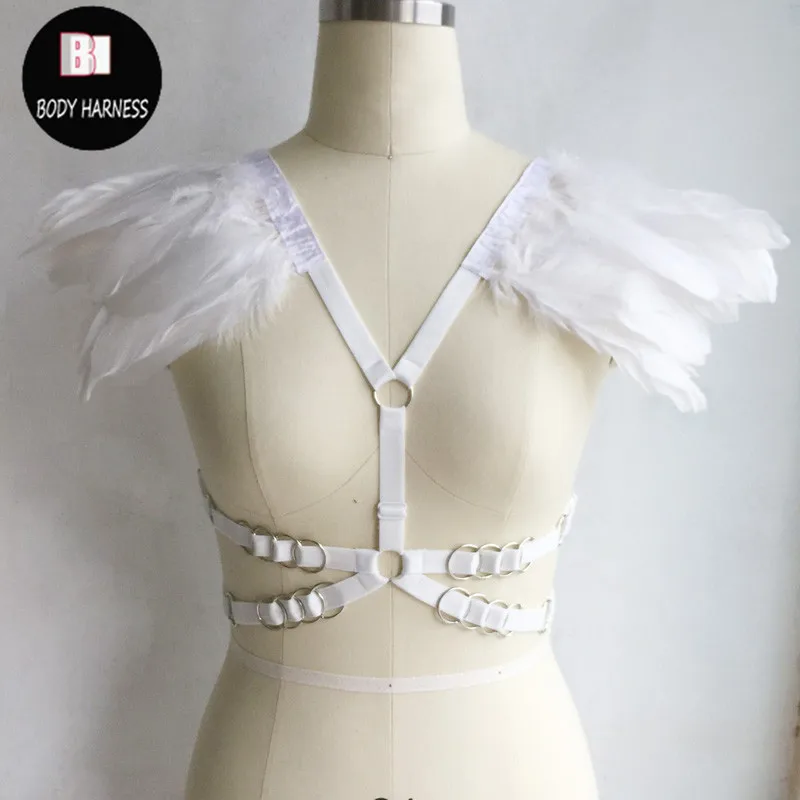 white wings Elastic black body harness feather shrug harness cage bra epaulets Edgy fashion body harness cage bra shoulder