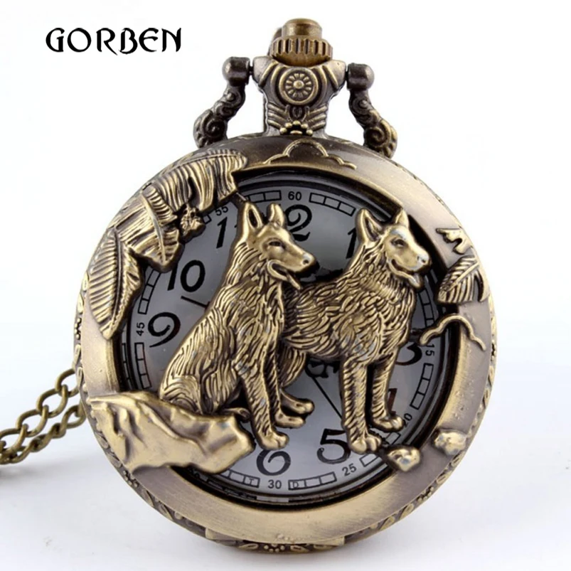 Bronze Chinese Zodiac Quartz Pocket Watch Necklace Dog Pooch Tiger Horse Cow Mouse Rabbit Watch Mens Retro Pendant With Chain