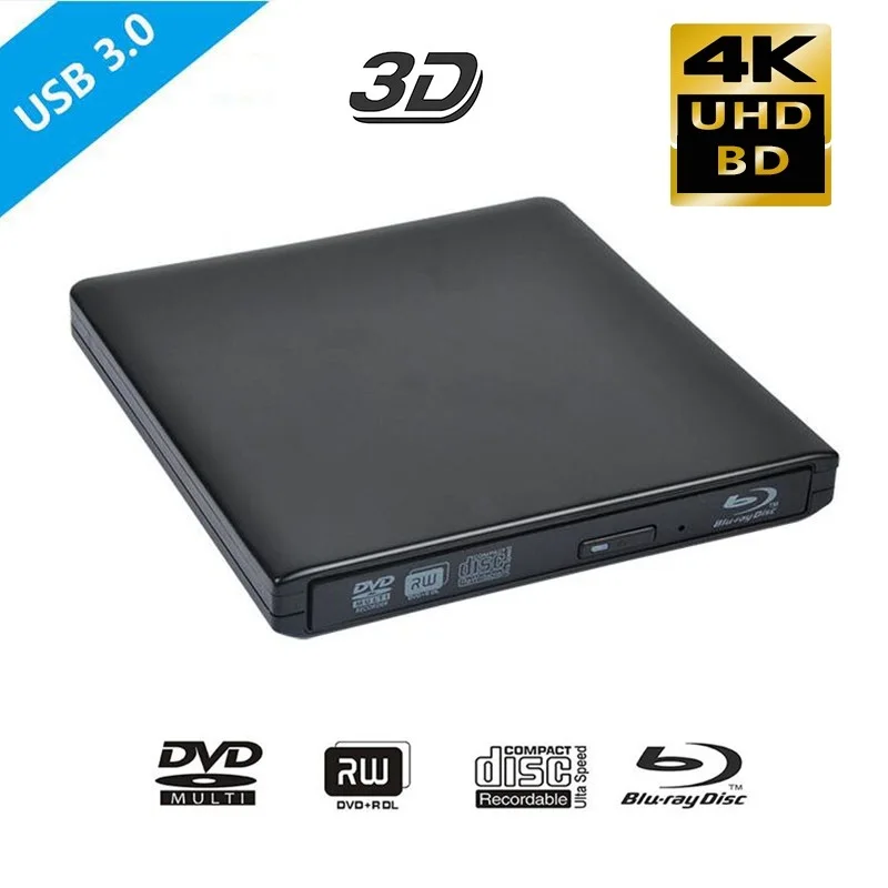 USB 3.0 4K Bluray External Optical Drive 3D Player BD-RE Burner Recorder DVD+/-RW/RAM Drives for Computer Windows7/8/10