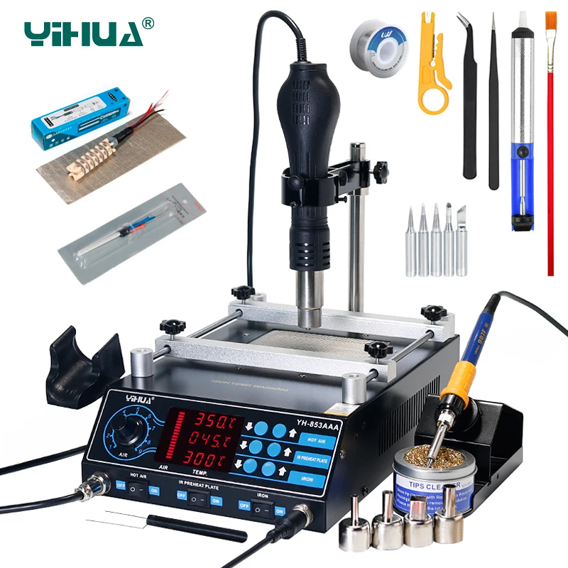 YIHUA 853AAA Soldering Station BGA Rework Stations 3 in 1 Preheating Hot Air Gun Soldering Iron Welding PCB Desoldering Tool Set