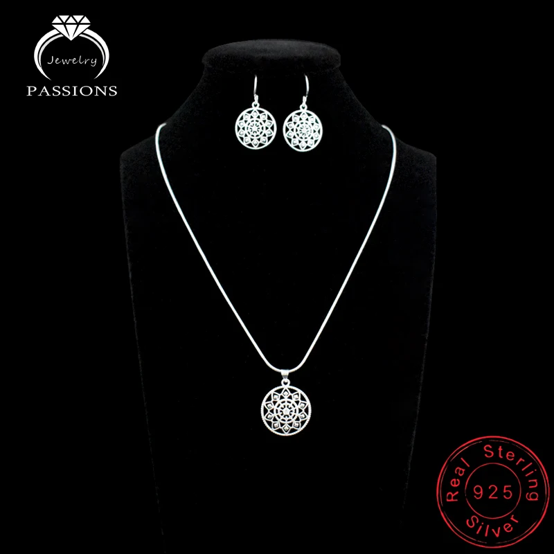 Hot Sale Bohemia 925 Sterling Silver AAA Zircon Sun Flower Pendant Jewelry Set Round Drop Earrings And Necklace Women Fine Gift