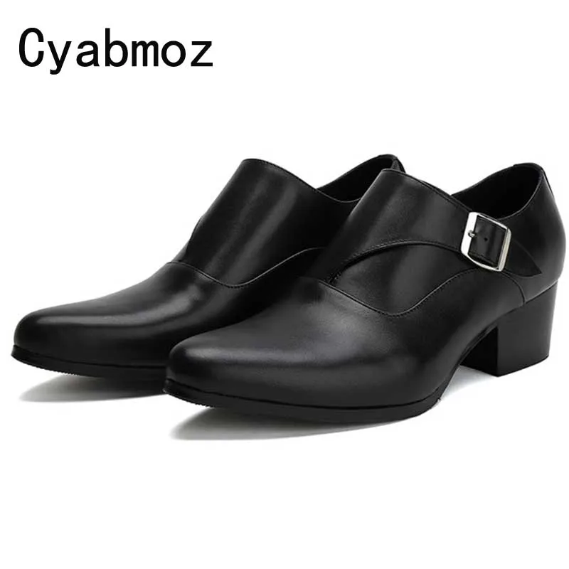 

mens genuine leather dress shoes high heels fashion pointed toe buckle oxfords wedding shoes height increase career work shoe