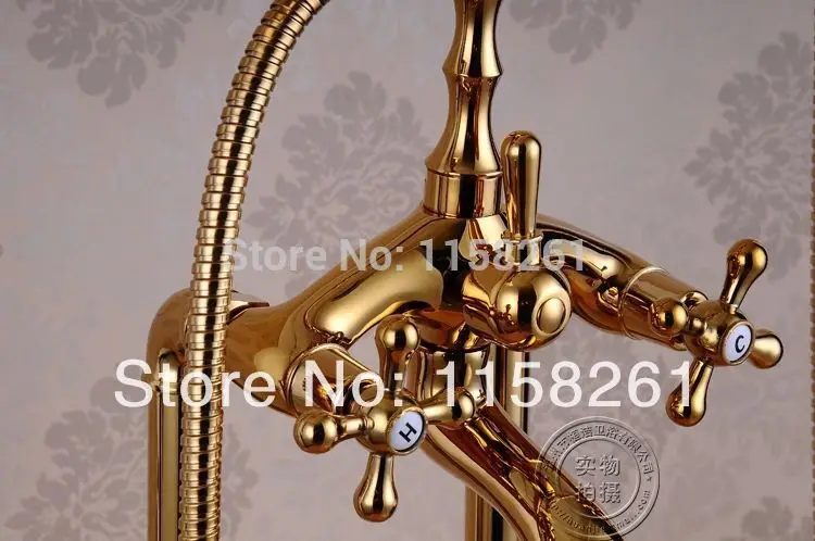 Imagem -05 - Torneiras da Banheira de Ouro Latão Torneira do Chuveiro do Banheiro Chuva Chuveiro Mão Suporte Chão Telefone Luxo Banheira Misturadora Conjunto