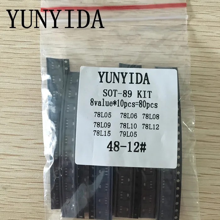 Набор транзисторов SOT-89 SMD, всего 8 видов x 10 шт. = 80 шт., содержит 78L05 78L06 78L08 78L09 78L10 78L12 78L15 79L05