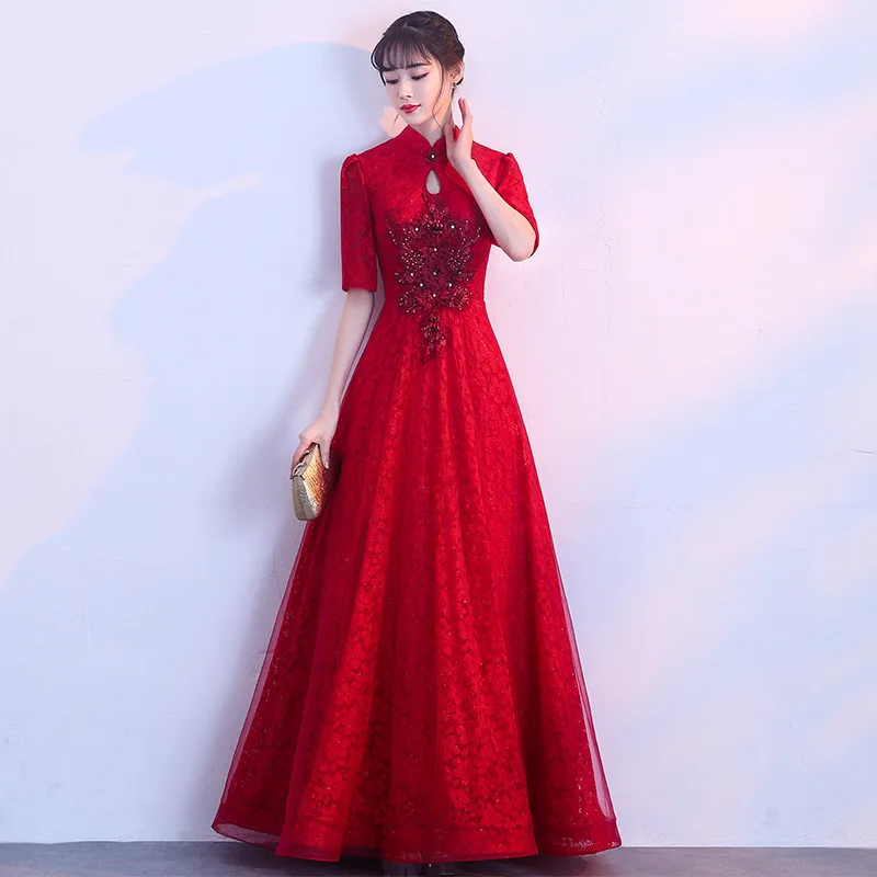 Summer Chinese Traditional Dress Qipao Long Cheongsam Design Short Sleeves China Evening Gowns Bridesmaid Dresses Wine