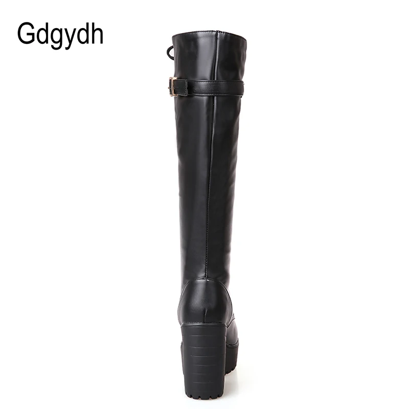 Gdgydh-Botas con cordones hasta la rodilla para mujer, botines femeninos de tacón cuadrado blanco, a la moda, zapatos de cuero sintético para el invierno, talla grande 43