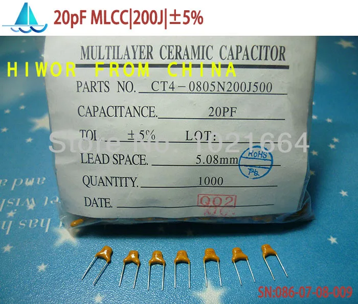 

(1000pcs/lot)(Capacitors|MLCC) 20pF 200J 50V Leaded Multilayer Monolithic Ceramic Capacitor, pitch:5.08MM, TOL:5%