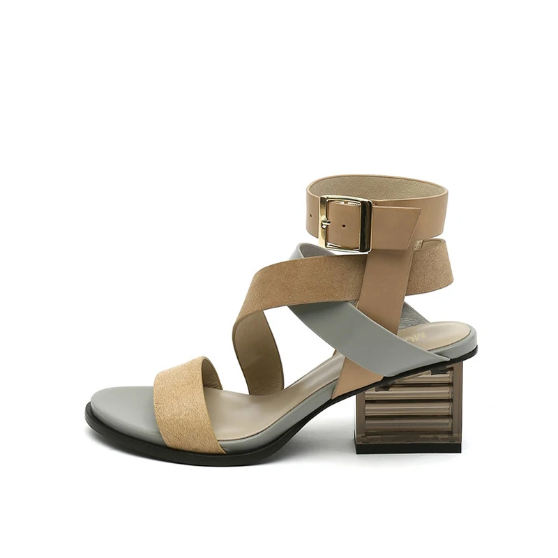 Gladiator Sandals Women Mixed Color Cross Strap Transparent Square Heel Genuine Leather Narrow Band Shoes HL157 MUYISEXI