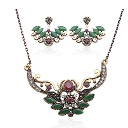 New Style Turkish Wing Jewelry Sets For Women Retro Gold Color Resin Adjustable Earrings Flower Necklace India Ethnic Bijoux