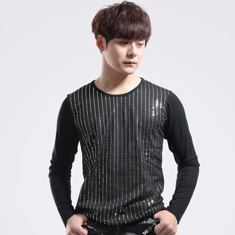 

male personality long-sleeve o-neck stripe Paillette t-shirt DJ costume performance wear men's Slim shirt