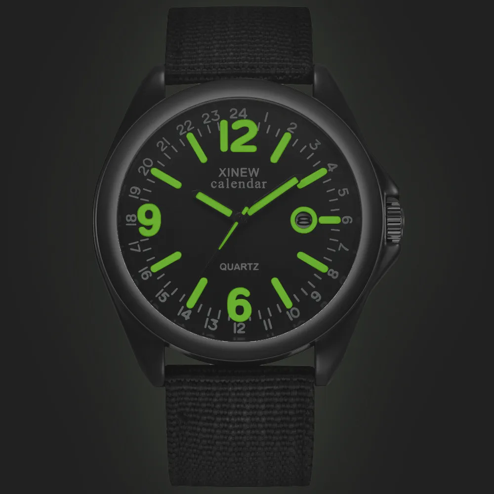 XINEW-reloj militar luminoso para hombre, cronógrafo de cuarzo con calendario, correa de nailon, deportivo, a la moda