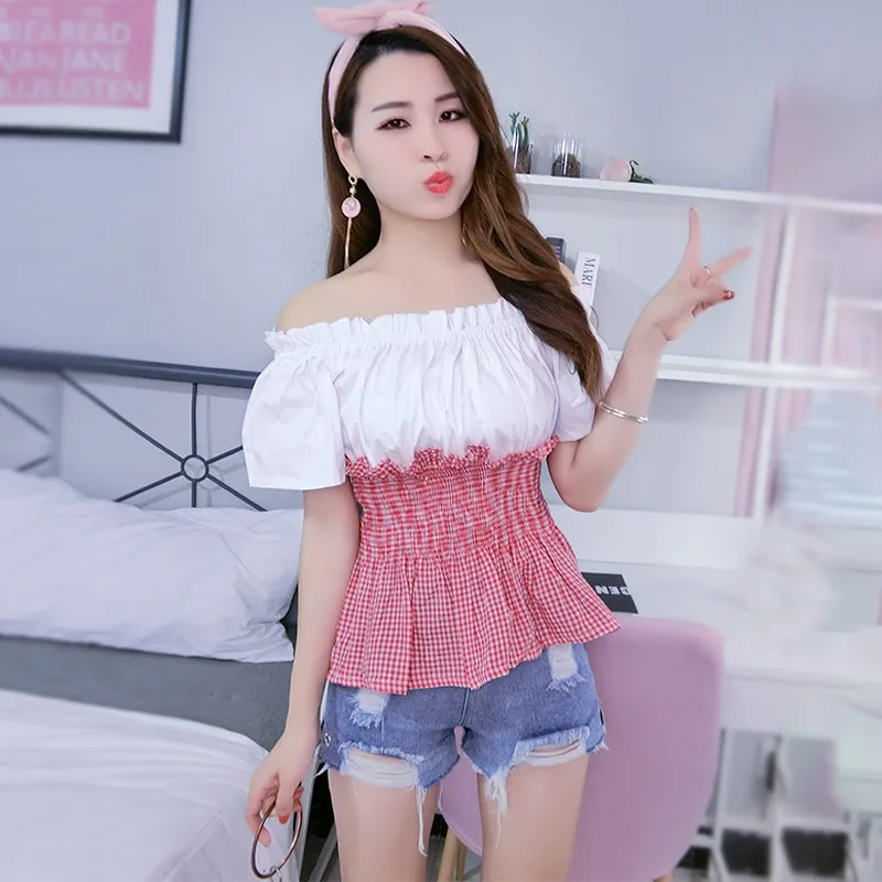 2019 neue Mode Frauen Sommer Plaid Bluse Sexy Slash Neck Rüschen Blusen Weibliche Dünne Kurzarm Shirts OL Kurze Tops AB1366