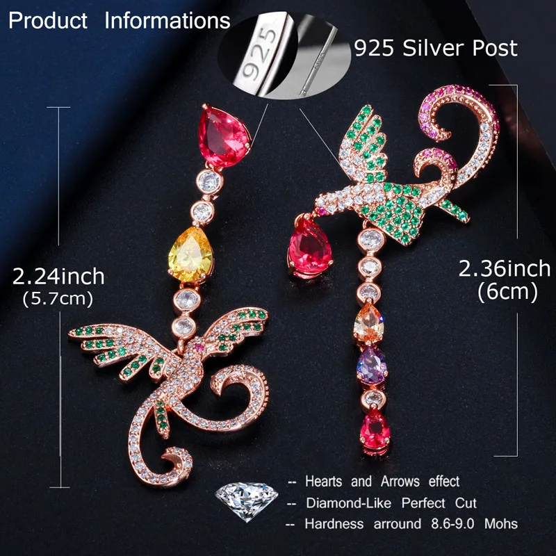 CWWZircons Unique Multi Red Green Cubic Zirconia Rose Gold Plated Long Phoenix Drop Dangle Earring for Women Wedding Party CZ086