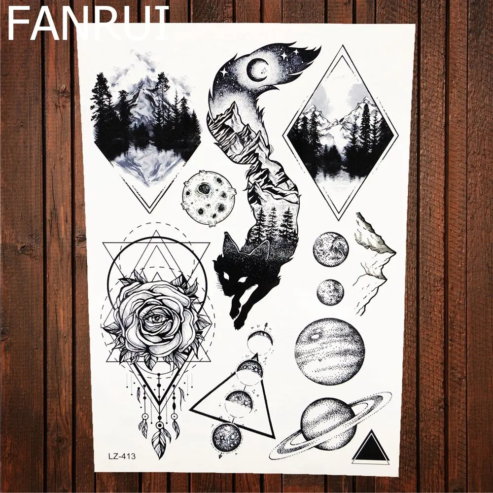 FANRUI Triangle Moon Men Arm Tattoo Stickers Women Beauty Black Temporay Tattoo Hands Deer Totem Planet Tatoos Waterproof